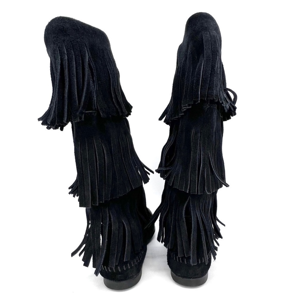 Minnetonka Boots 3-Layer Fringe Moccasins Women’s Size 6 Black Suede New - Picture 5 of 11